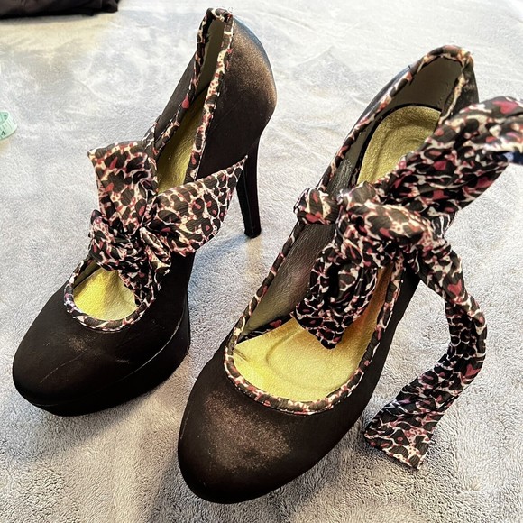 Makers Sz 10 Black Satin Platform Stiletto Heel Pink Leopard Ankle Lace Up Tie - Picture 7 of 14